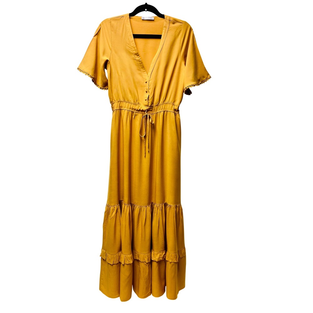 R.Vivimos Maxi Dress S Mustard Boho Ren Faire Tiered Ruffle Cottagecore Flowy